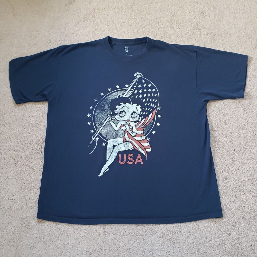 Betty Boop Patriotic Proud Betty Graphic T-shirt Navy Blue Cotton Size 2XL USA